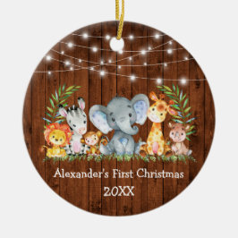 Baby First Christmas Wood Lights Safari Tiere Keramik Ornament