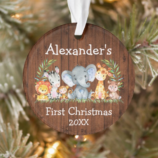 Baby First Christmas Wood Safari Tiere Runde Ornament (Baum)