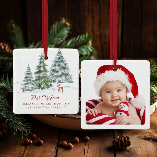 Baby First Christmas Woodland Deer Owl Photo  Keramikornament (baby first christmas ornament woodland deer owl winter wonderland photo template red calligraphy)