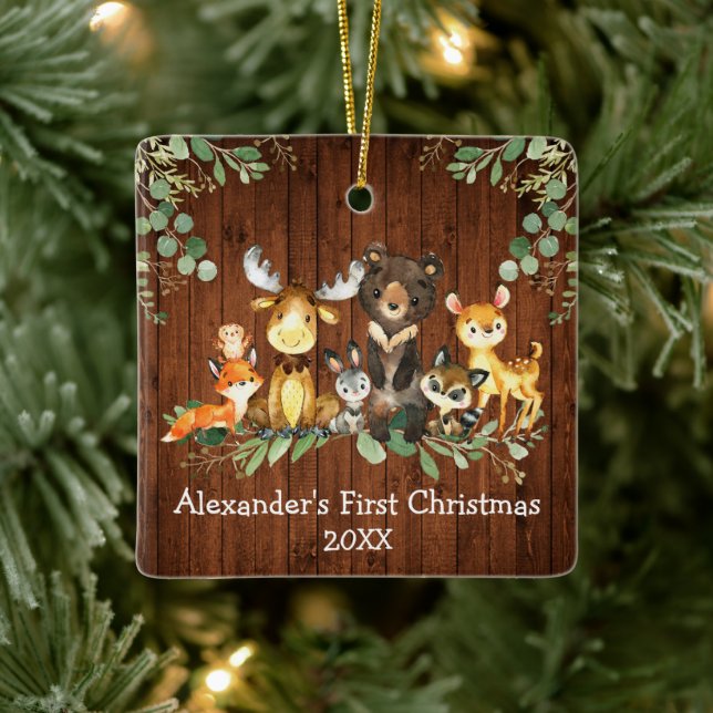 Baby First Christmas Woodland Tiere Rustikal Keramikornament (Baum)