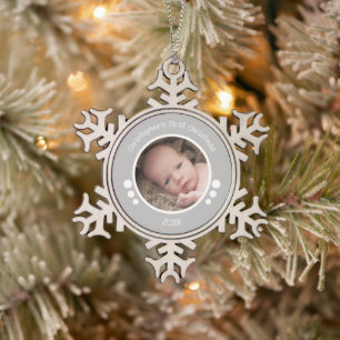 Baby First Foto Jahr grau Schneeflocken Zinn-Ornament