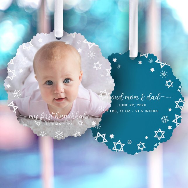 Baby First Hanukkah Foto Schneeflocken Neue Eltern Ornament Karte (Von Creator hochgeladen)