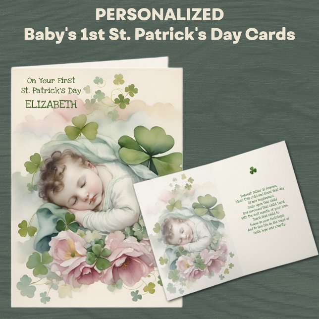 Baby First St. Patrick's Day Segen Gebet Karte (Baby's First St. Patrick's Day Card with Shamrocks and pink roses )