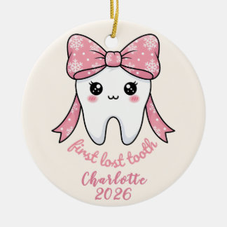 Baby First Tooth Pink Bow Milestone Kawaii Tooth Keramik Ornament