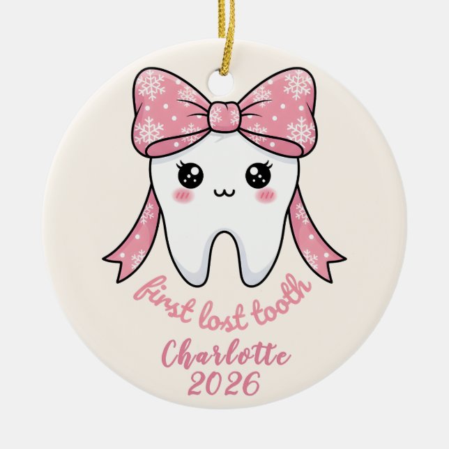 Baby First Tooth Pink Bow Milestone Kawaii Tooth Keramik Ornament (Vorne)