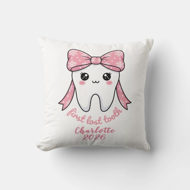 Baby First Tooth Pink Bow Milestone Kawaii Tooth Kissen (Vorderseite)