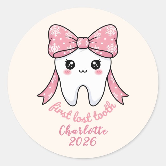 Baby First Tooth Pink Bow Milestone Kawaii Tooth Runder Aufkleber (Vorderseite)