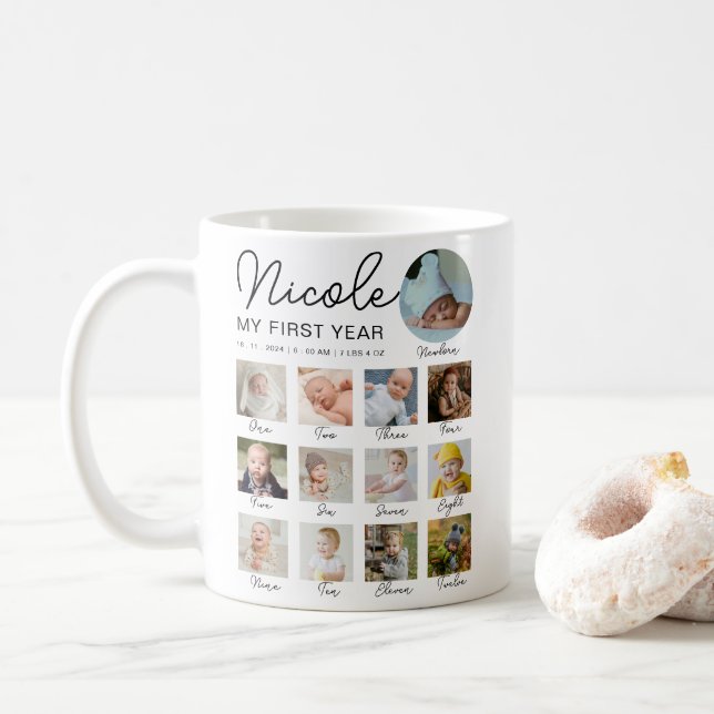 Baby First Year 12 Monate Foto Collage Modern Kaffeetasse (Mit Donut)