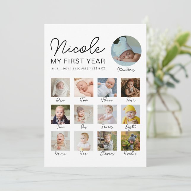 Baby First Year 12 Monate Foto Collage Modern Mitteilungskarte (Stehend Vorderseite)
