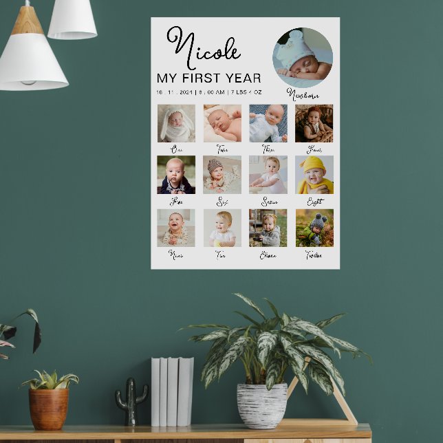 Baby First Year 12 Monate Foto Collage Modern Poster (Wohnzimmer 1)