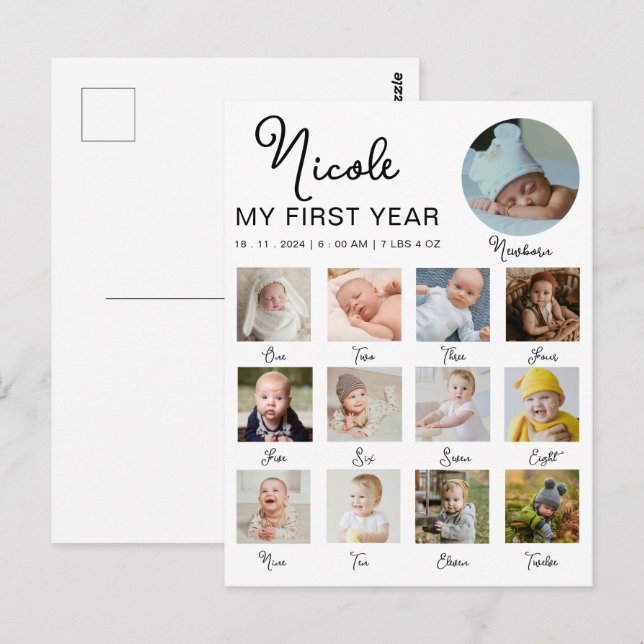 Baby First Year 12 Monate Foto Collage Modern Postkarte (Vorne/Hinten)