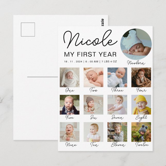 Baby First Year 12 Monate Foto Collage Modern Postkarte (Vorne/Hinten)