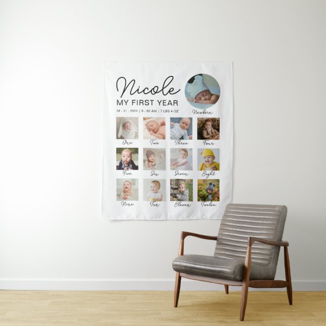 Baby First Year 12 Monate Foto Collage Modern Wandteppich (Beispiel)