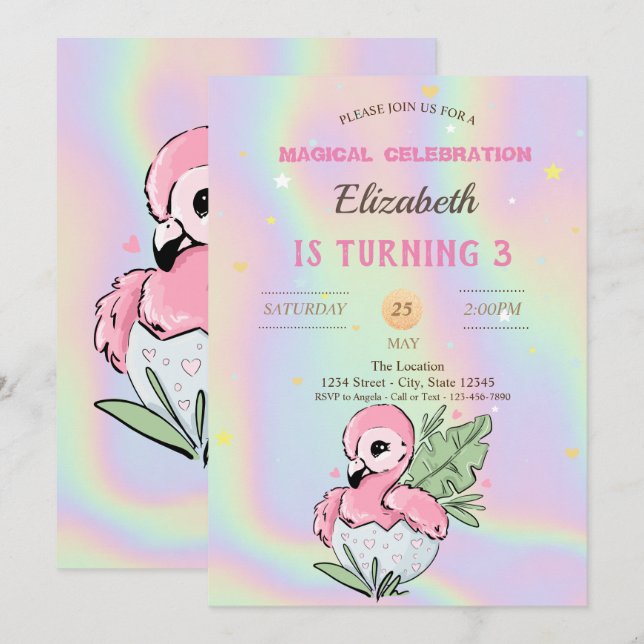 Baby Flamingo, holografischer Geburtstag Einladung (Vorne/Hinten)