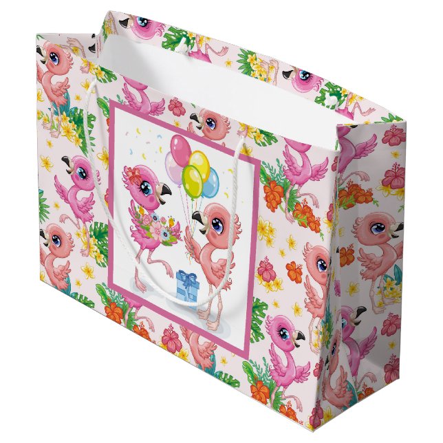 Baby Flamingo Party Große Geschenktüte (Rückseite Schrägansicht)
