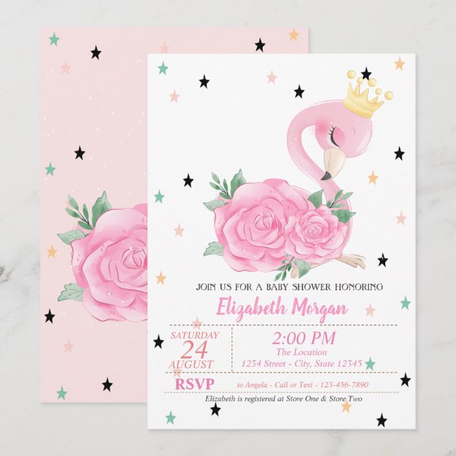 Baby Flamingo, Stars, Princess Baby Dusche Einladung (Vorne/Hinten)