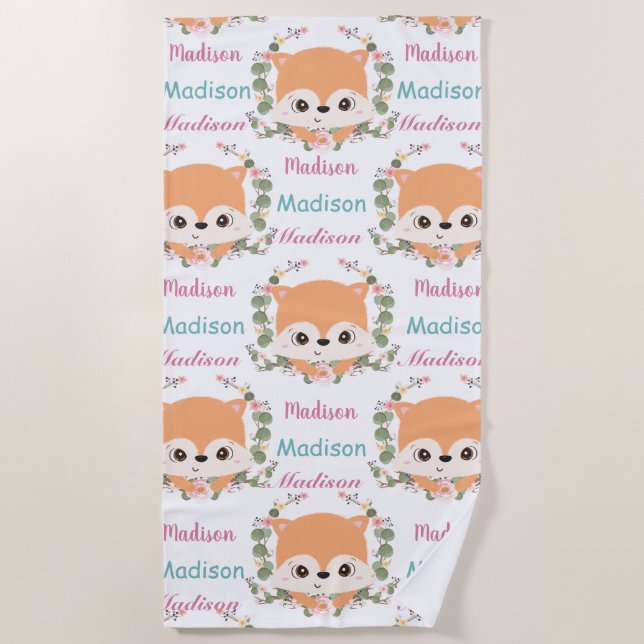 Baby Floral Fox Individuelle Name Ombre Muster Strandtuch (Vorderseite)