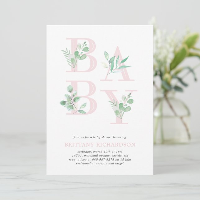 Baby Foliage Baby Dusche Einladung_Pink Einladung (Stehend Vorderseite)