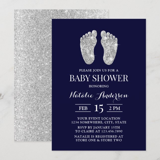 Baby Foot Modern Navy Silver Glitzer Babydusche Einladung (Vorne/Hinten)