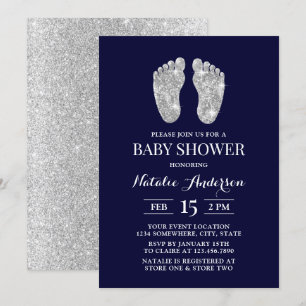 Baby Foot Modern Navy Silver Glitzer Babydusche Einladung