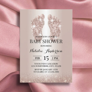 Baby Foot Modern Rose Gold Glitzer Baby Dusche Einladung
