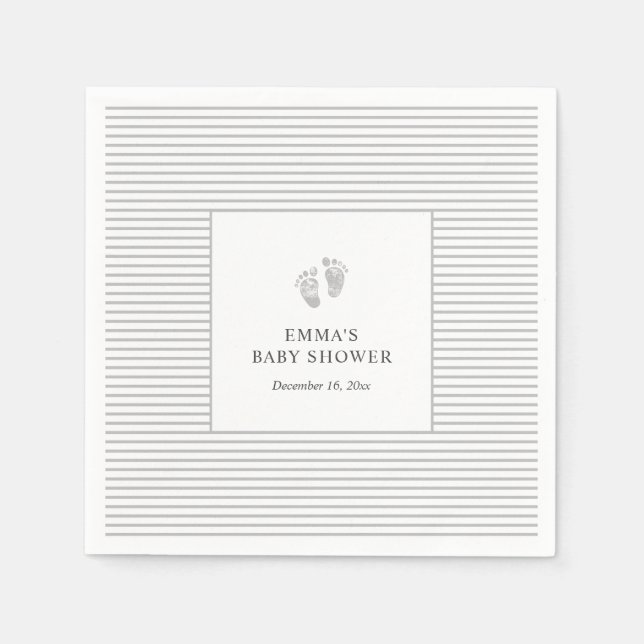 Baby Footprint Grau Stripes Napkin | Babydusche Serviette (Vorderseite)