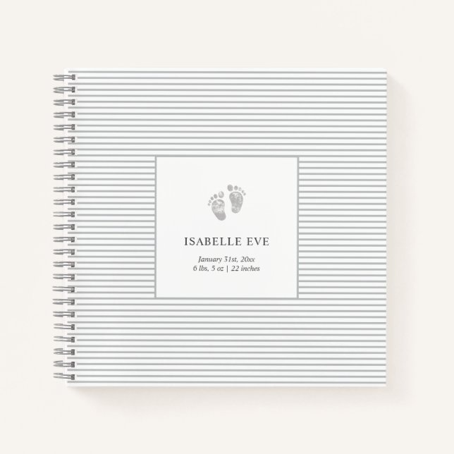 Baby Footprint Graue Streifen | Einfaches Babybuch Notizbuch (Vorderseite)