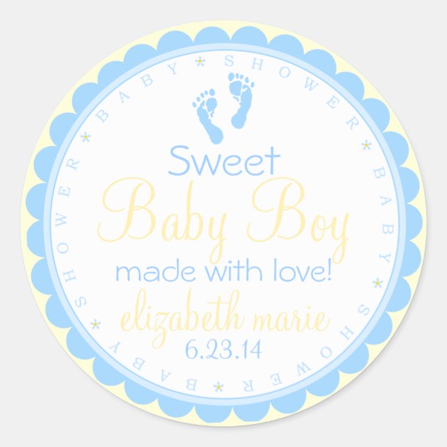 Baby Footprints Blue and Yellow-Baby Shower Runder Aufkleber (Vorderseite)