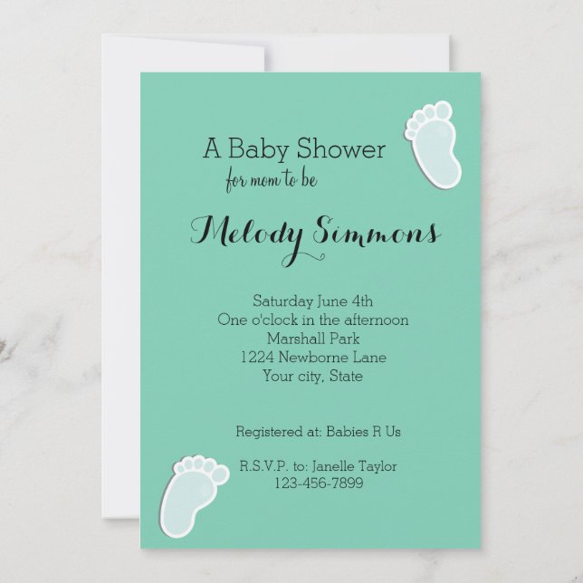 Baby Footprints Mint Baby Dusche Einladung (Rückseite)