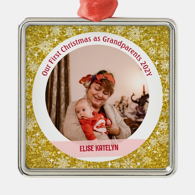 Baby Foto 1 Weihnachten als Großeltern Golden Ornament Aus Metall (Vorne)