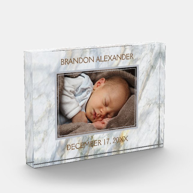 Baby Foto auf elegantem Muster aus blauem grauem M (Links)