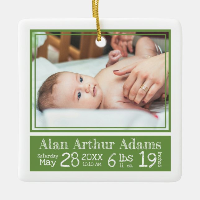 Baby Foto Birth Stats Ornament | Grüne Streifen (Vorderseite)