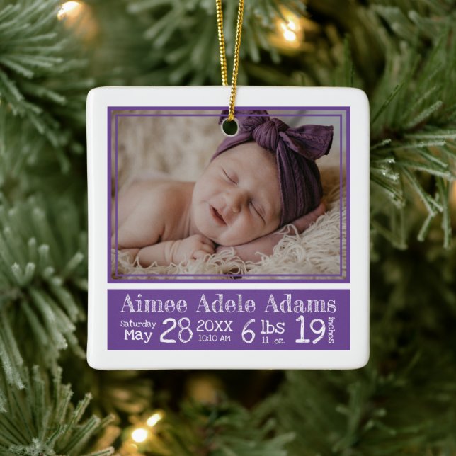 Baby Foto Birth Stats Ornament | Lila Streifen (Baum)