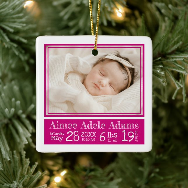 Baby Foto Birth Stats Ornament | Magenta Stripes (Baum)