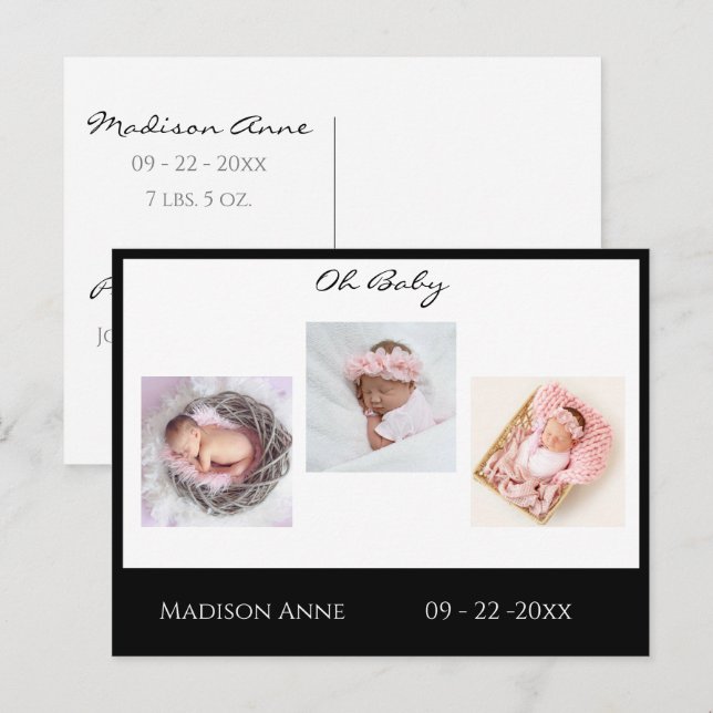 Baby Foto Black Boy oder Girl Script Stats Birth Ankündigungspostkarte (Vorne/Hinten)