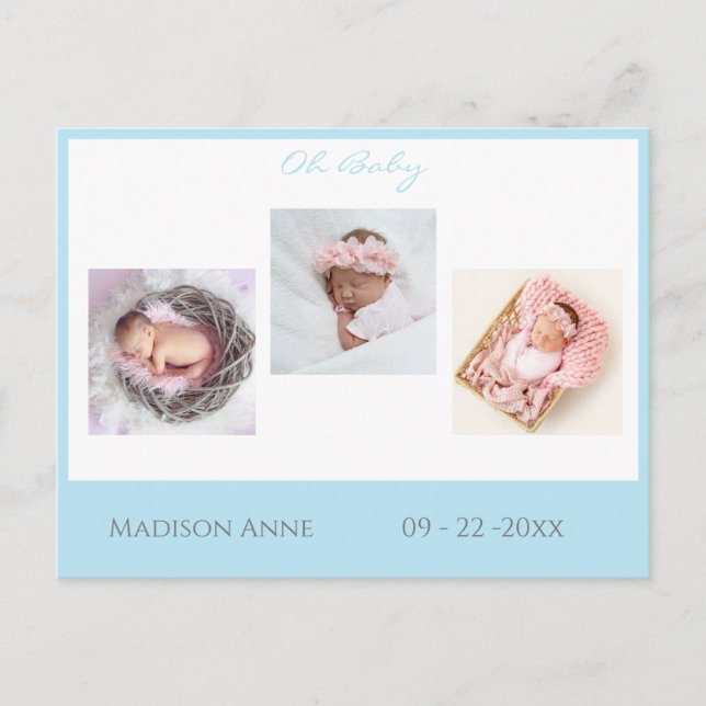 Baby Foto Blue Boy Script Stats Niedlich Birth Ankündigungspostkarte (Vorderseite)
