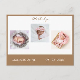 Baby Foto Brown Tan Boy oder Girl Script Birth Ankündigungspostkarte