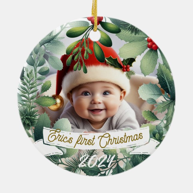 Baby Foto Christmas Mistletoe Wreath Keramik Ornament (Hinten)