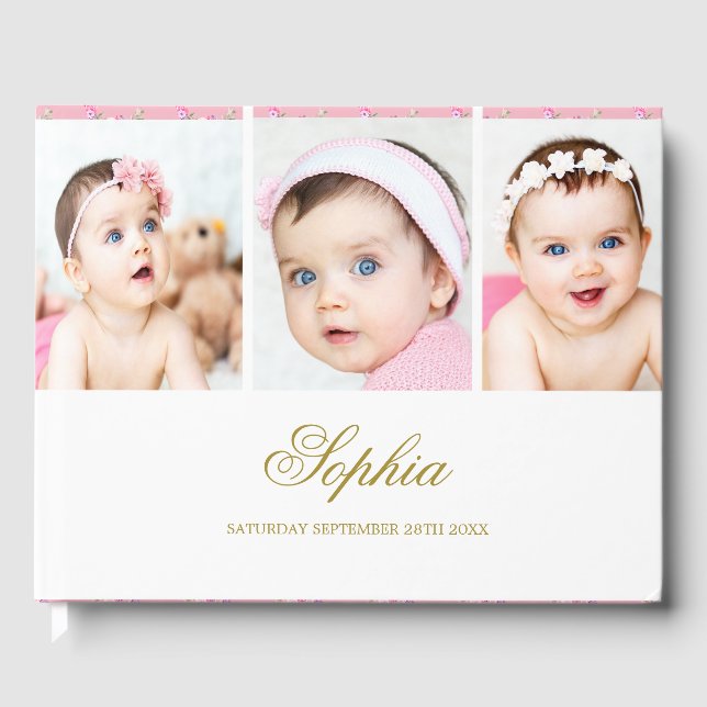 Baby Foto Collage Elegantes Gold White Gästebuch (Vorderseite)
