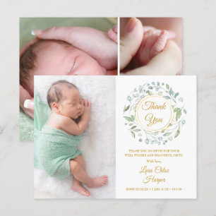 Baby-Foto-Collage Floral Gold Danke Geburt Ankündigungspostkarte