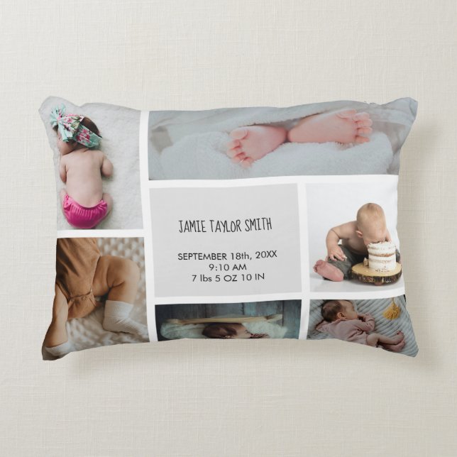 Baby Foto Collage Keepsake Name Birth Date Dekokissen (Vorderseite)