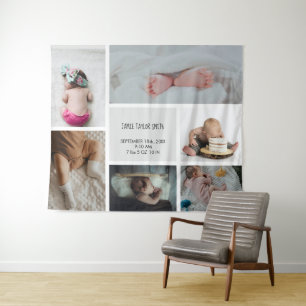 Baby Foto Collage Keepsake Name Birth Date Wandteppich