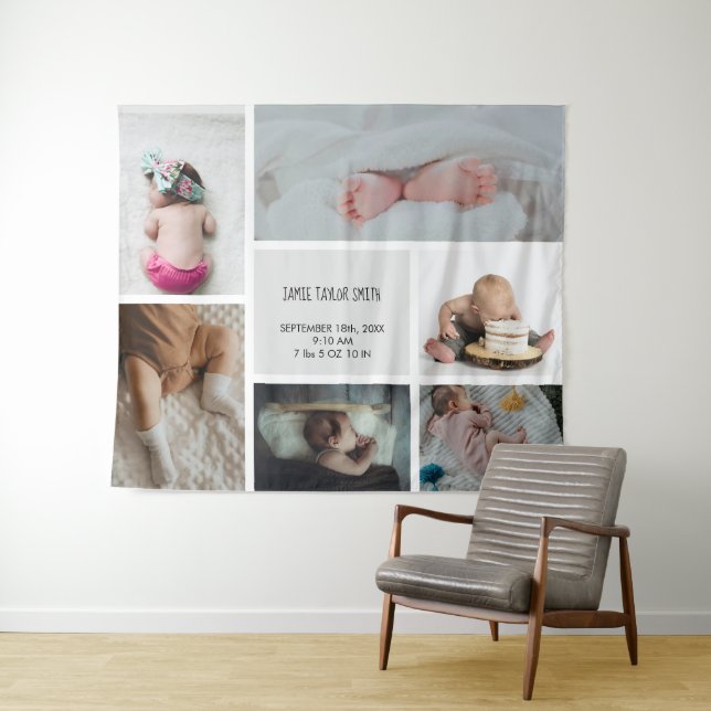 Baby Foto Collage Keepsake Name Birth Date Wandteppich (Beispiel (Horizontal))