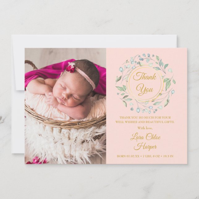 Baby Foto Danke Greenery Blush Pink Birth Ankündigung (Vorderseite)