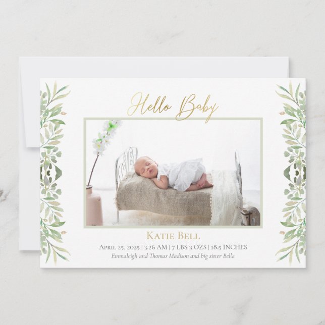 Baby Foto Elegante Botanische Blätter Geburt Ankündigung (Vorderseite)