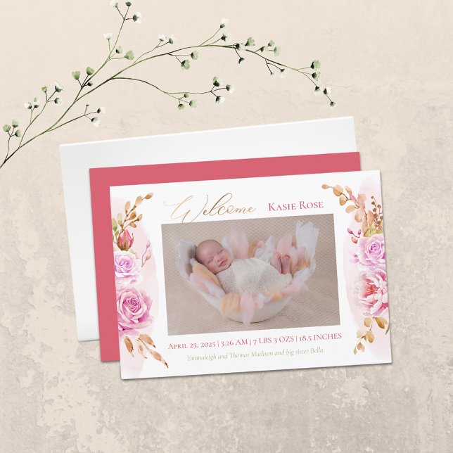 Baby Foto Elegante Rose Blumengeburt Ankündigung (Von Creator hochgeladen)