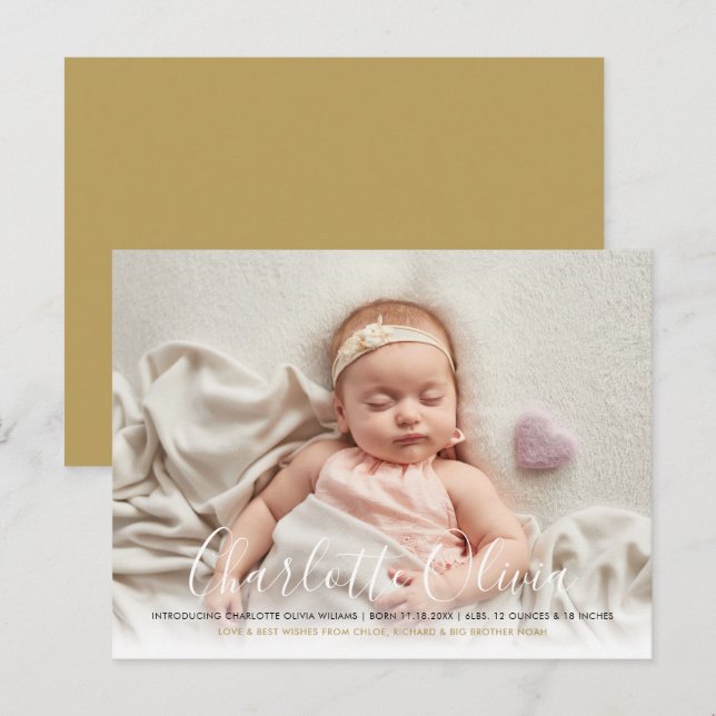 Baby Foto Elegante Script Name Gold Birth Ankündigungspostkarte (Vorne/Hinten)