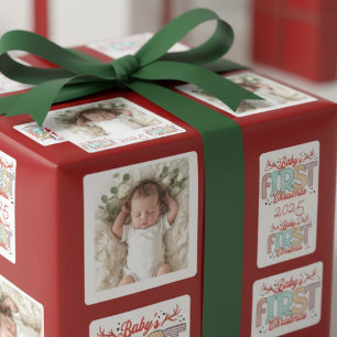 Baby-Foto Erstes Weihnachten Rot Personalisieren Quadratischer Aufkleber