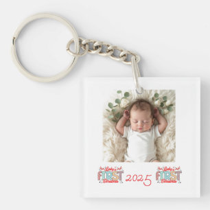 Baby-Foto erstes Weihnachten Rot Personalisieren Schlüsselanhänger