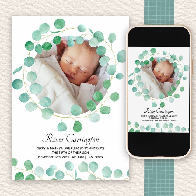 Baby Foto Eucalyptus Greenery Unisex Birth Ankündigung (Photo birth announcement to order printed or as a printable digital download)